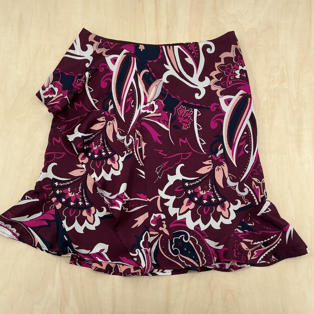 Banana Republic Skirt Women 2 Burgundy Paisley Ruffle Faux Wrap Mini Boho Career